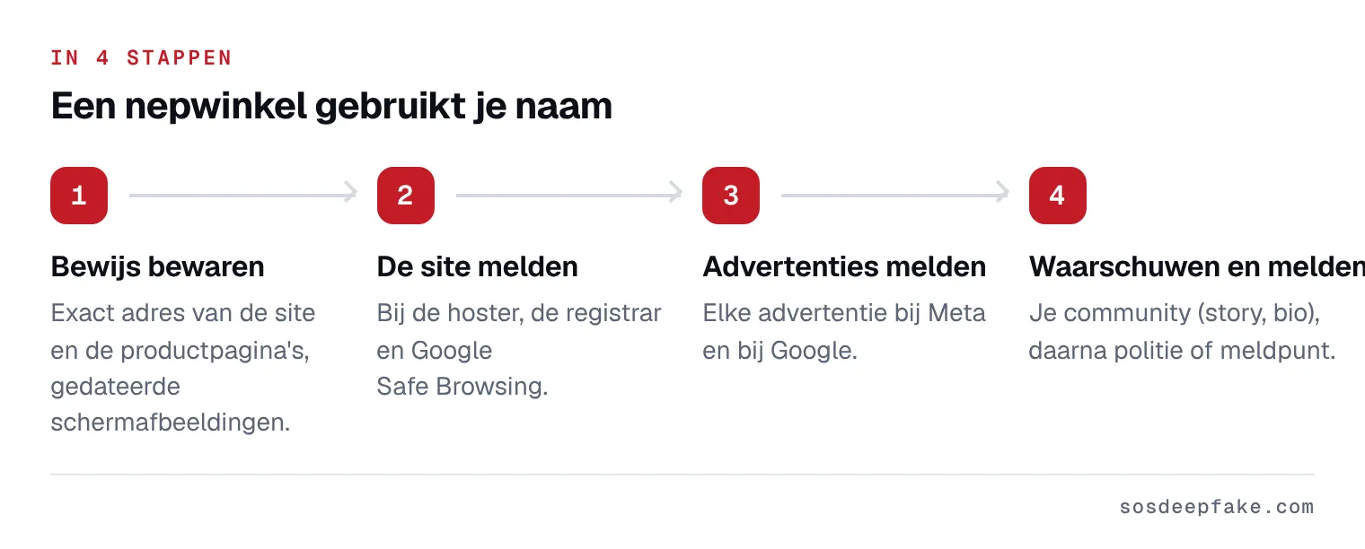 Een nepwinkel gebruikt je naam. In 4 stappen: 1. Bewijs bewaren. Exact adres van de site en de productpagina's, gedateerde schermafbeeldingen. 2. De site melden. Bij de hoster, de registrar en Google Safe Browsing. 3. Advertenties melden. Elke advertentie bij Meta en bij Google. 4. Waarschuwen en melden. Je community (story, bio), daarna politie of meldpunt.