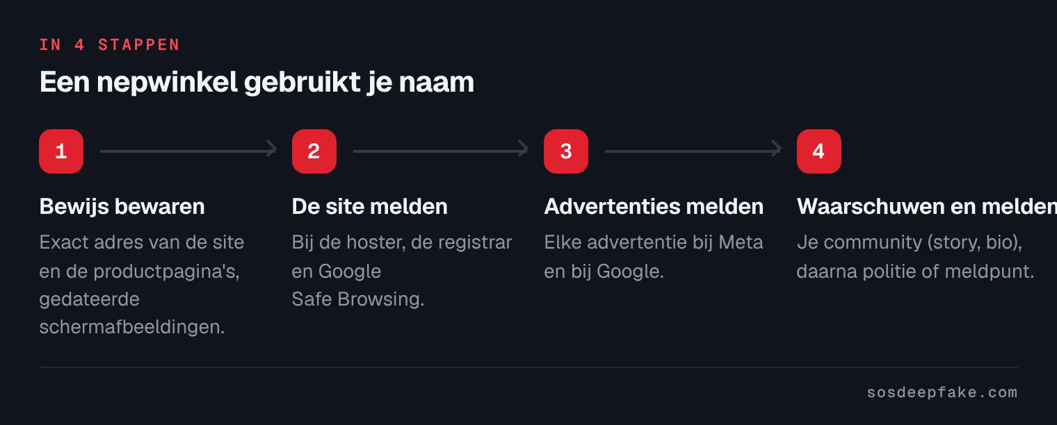 Een nepwinkel gebruikt je naam. In 4 stappen: 1. Bewijs bewaren. Exact adres van de site en de productpagina's, gedateerde schermafbeeldingen. 2. De site melden. Bij de hoster, de registrar en Google Safe Browsing. 3. Advertenties melden. Elke advertentie bij Meta en bij Google. 4. Waarschuwen en melden. Je community (story, bio), daarna politie of meldpunt.