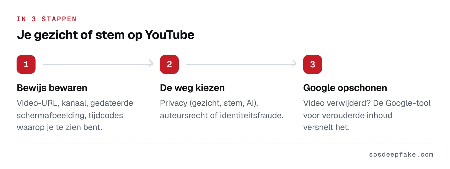 Je gezicht of stem op YouTube. In 3 stappen: 1. Bewijs bewaren. Video-URL, kanaal, gedateerde schermafbeelding, tijdcodes waarop je te zien bent. 2. De weg kiezen. Privacy (gezicht, stem, AI), auteursrecht of identiteitsfraude. 3. Google opschonen. Video verwijderd? De Google-tool voor verouderde inhoud versnelt het.