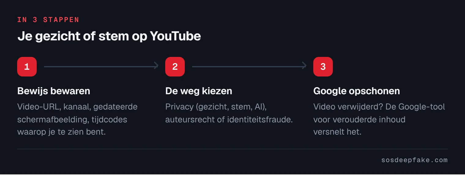 Je gezicht of stem op YouTube. In 3 stappen: 1. Bewijs bewaren. Video-URL, kanaal, gedateerde schermafbeelding, tijdcodes waarop je te zien bent. 2. De weg kiezen. Privacy (gezicht, stem, AI), auteursrecht of identiteitsfraude. 3. Google opschonen. Video verwijderd? De Google-tool voor verouderde inhoud versnelt het.